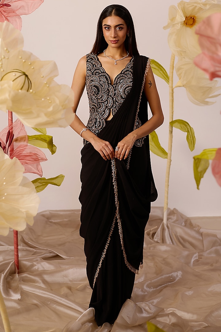 Black Georgette Hand Embroidered Draped Saree Set by ROQA