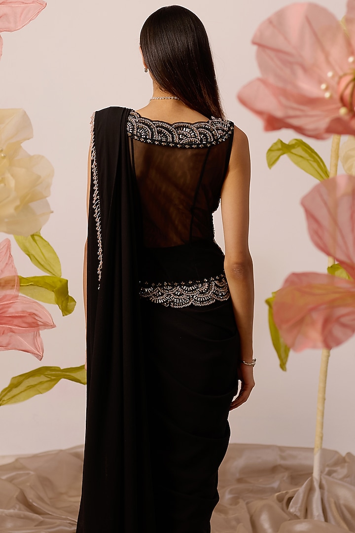Black Georgette Hand Embroidered Draped Wedding Saree Set by ROQA | Siddharth Khurana & Kartik Khurana at Pernia's Pop Up Shop