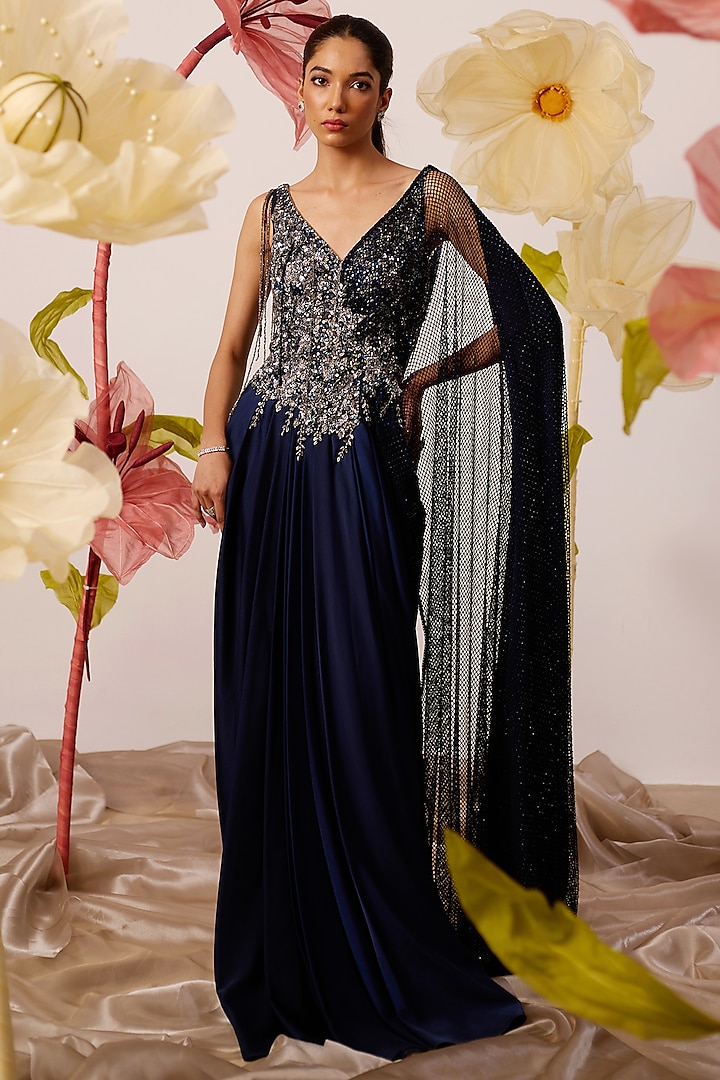 Navy Blue Modal Satin Hand Embroidered Draped Gown Saree by ROQA
