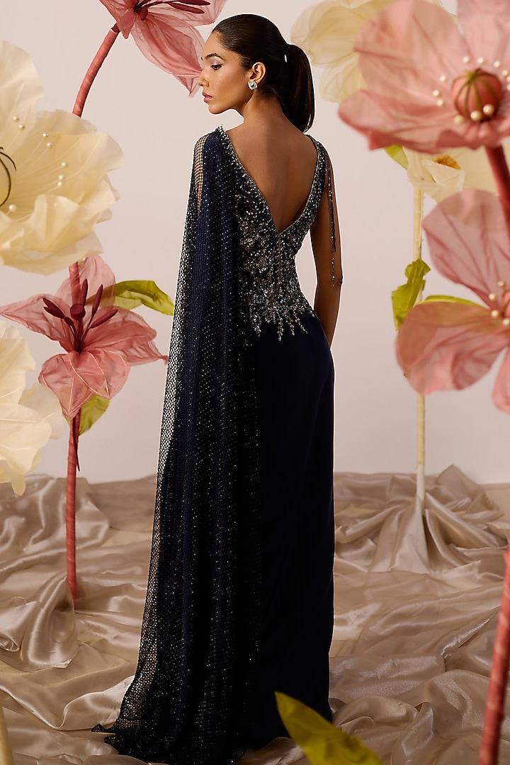 Navy Blue Modal Satin Hand Embroidered Draped Wedding Gown Saree by ROQA | Siddharth Khurana & Kartik Khurana at Pernia's Pop Up Shop