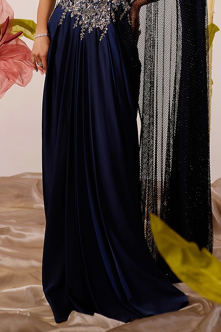 Navy Blue Modal Satin Hand Embroidered Draped Wedding Gown Saree by ROQA | Siddharth Khurana & Kartik Khurana at Pernia's Pop Up Shop