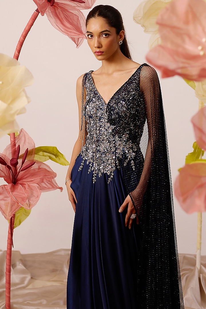 Navy Blue Modal Satin Hand Embroidered Draped Wedding Gown Saree by ROQA | Siddharth Khurana & Kartik Khurana at Pernia's Pop Up Shop