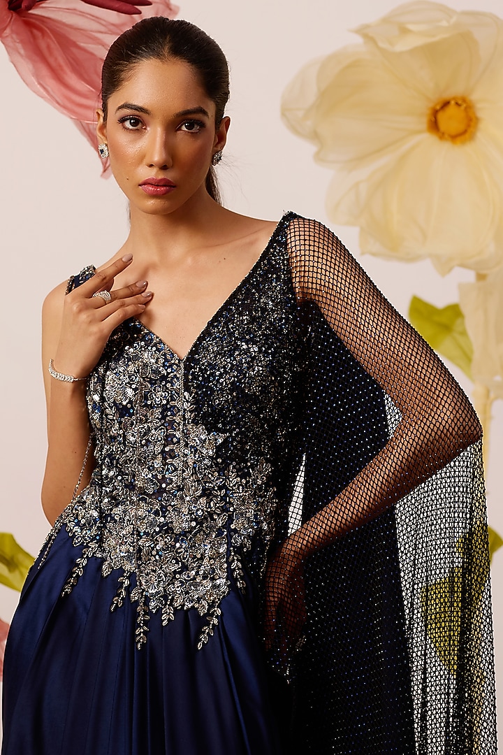Navy Blue Modal Satin Hand Embroidered Draped Wedding Gown Saree by ROQA | Siddharth Khurana & Kartik Khurana at Pernia's Pop Up Shop