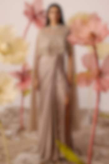Taupe Modal Satin Hand Embroidered Gown With Cape by ROQA