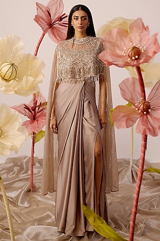 Taupe Modal Satin Hand Embroidered Gown With Cape by ROQA | Siddharth Khurana & Kartik Khurana