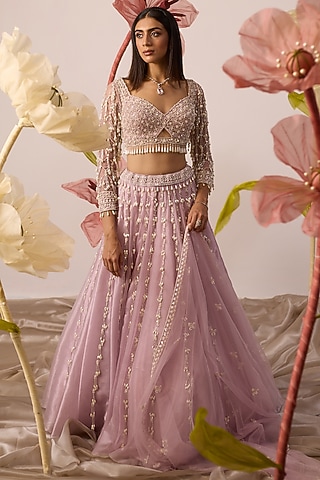 Light Pink Organza Moti & Cutdana Embroidered Lehenga Set by ROQA | Siddharth Khurana & Kartik Khurana