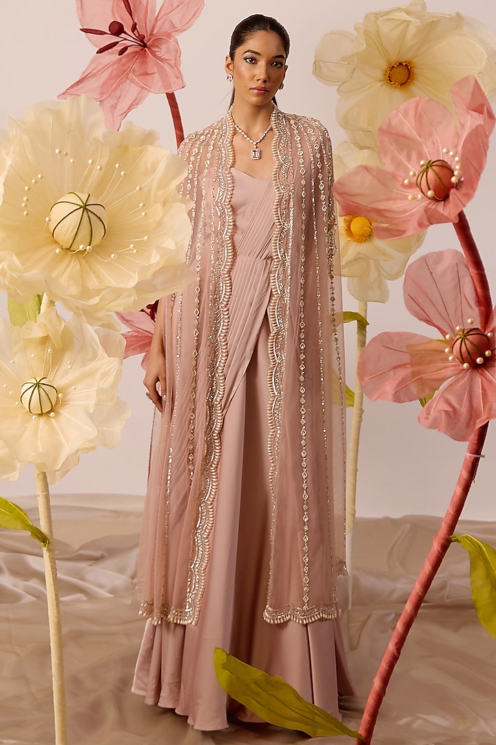 Dusty Pink Modal Satin Gown With Cape by ROQA