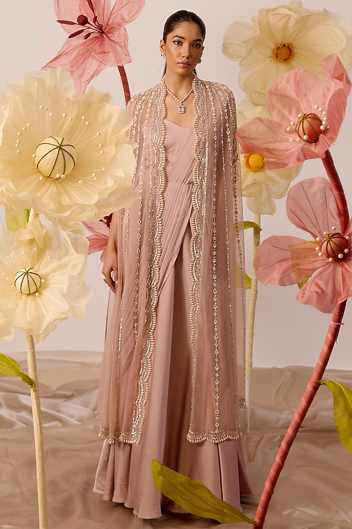 Dusty Pink Modal Satin Gown With Cape by ROQA at Pernia's Pop Up Shop