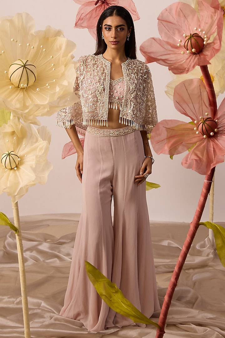 Pink Net Sequins Embroidered Jacket Set by ROQA