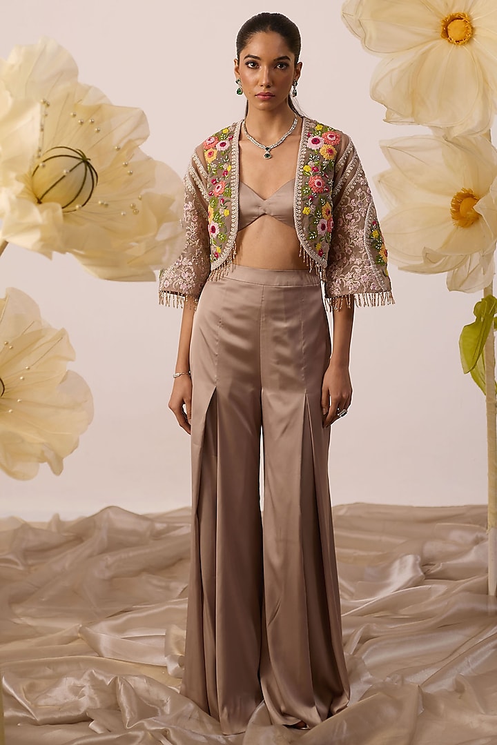 Taupe Modal Satin Pant Set by ROQA at Pernia's Pop Up Shop