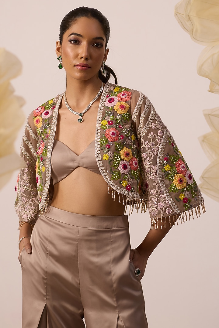 Taupe Modal Satin Pant Set by ROQA | Siddharth Khurana & Kartik Khurana at Pernia's Pop Up Shop