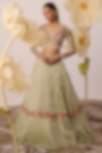 Pistachio Green Organza Embroidered Wedding Lehenga Set by ROQA at Pernia's Pop Up Shop