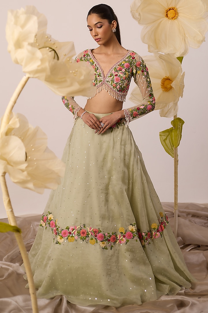 Pistachio Green Organza Embroidered Wedding Lehenga Set by ROQA at Pernia's Pop Up Shop