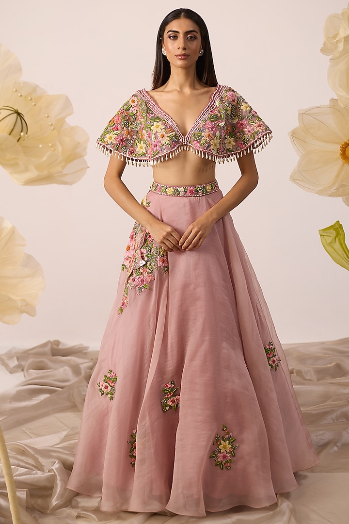 Ivy Pink Soft Organza Hand Embroidered Lehenga Set by ROQA