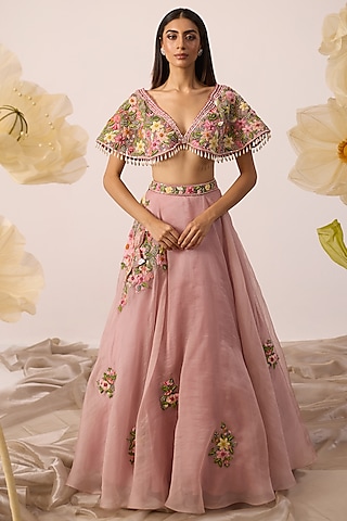 Ivy Pink Soft Organza Hand Embroidered Lehenga Set by ROQA | Siddharth Khurana & Kartik Khurana