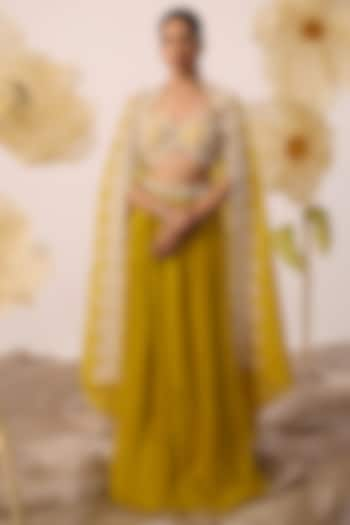 Yellow Georgette Cape Wedding Lehenga Set by ROQA at Pernia's Pop Up Shop