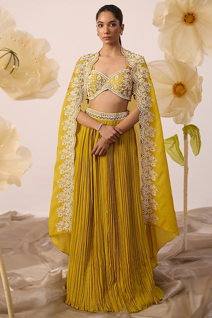 Yellow Georgette Cape Lehenga Set by ROQA