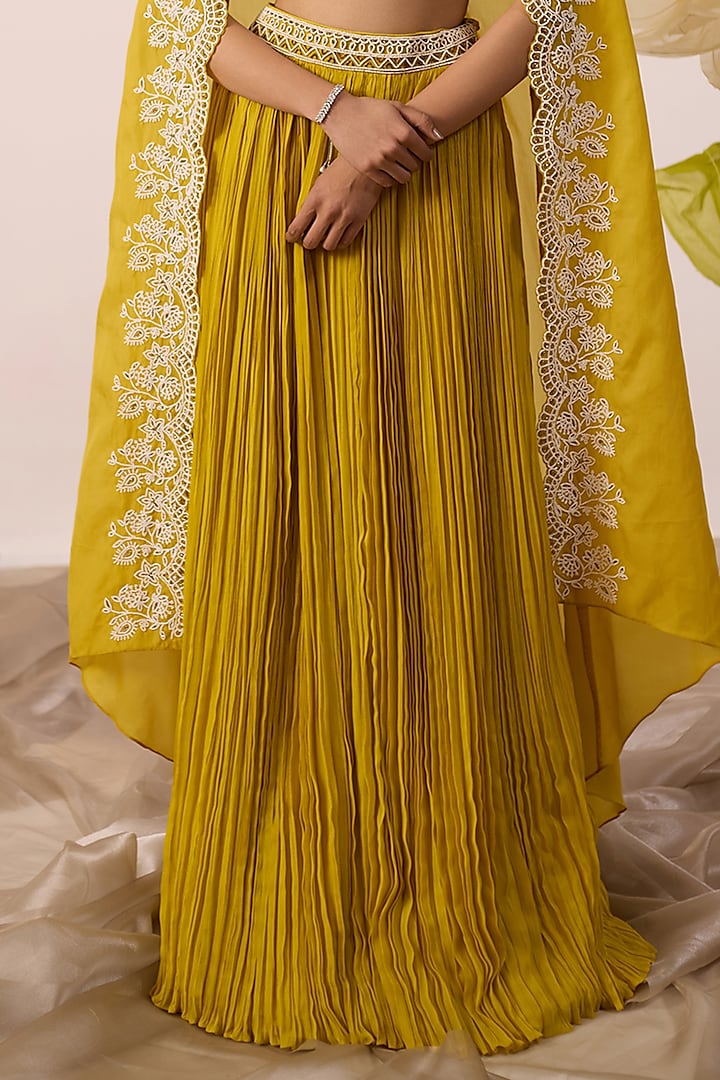 Yellow Georgette Cape Wedding Lehenga Set by ROQA | Siddharth Khurana & Kartik Khurana at Pernia's Pop Up Shop