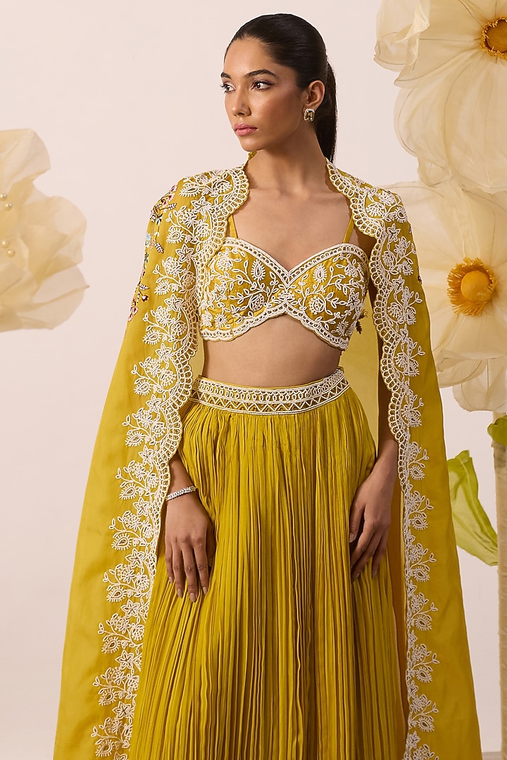 Yellow Georgette Cape Wedding Lehenga Set by ROQA | Siddharth Khurana & Kartik Khurana at Pernia's Pop Up Shop