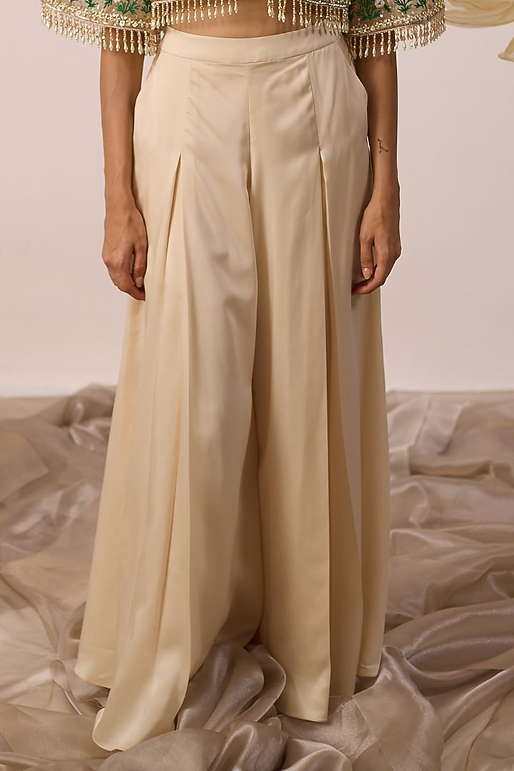 Ivory Modal Satin Pleated Pant Set by ROQA | Siddharth Khurana & Kartik Khurana at Pernia's Pop Up Shop