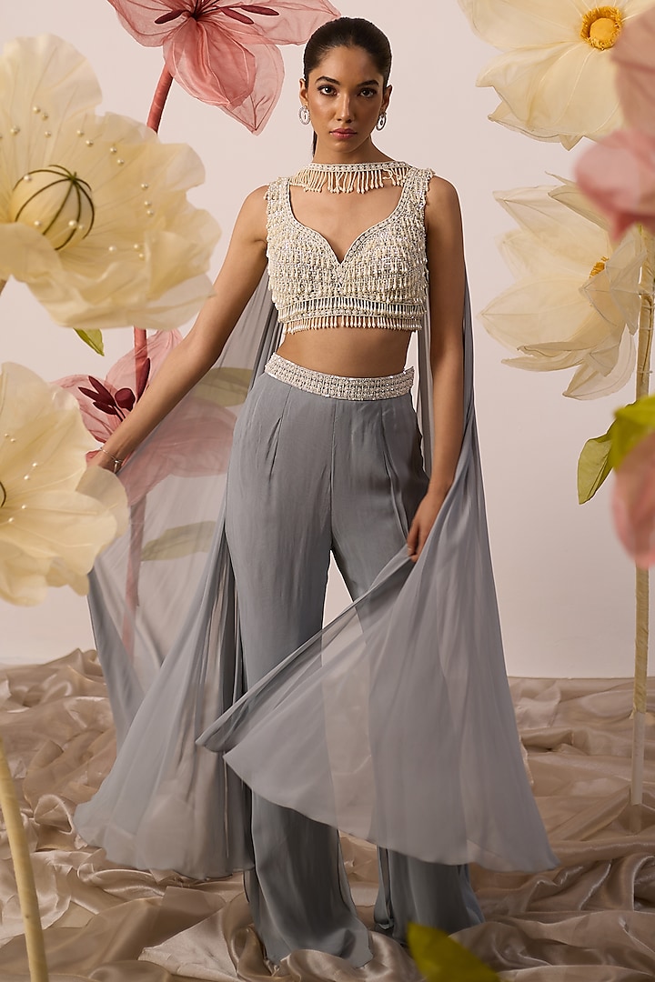 Dusty Blue Georgette Pleated Pant Set by ROQA at Pernia's Pop Up Shop