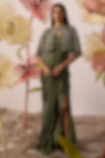 Olive Green Modal Satin Gown With Cape by ROQA at Pernia's Pop Up Shop