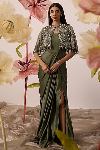 Olive Green Modal Satin Gown With Cape by ROQA | Siddharth Khurana & Kartik Khurana