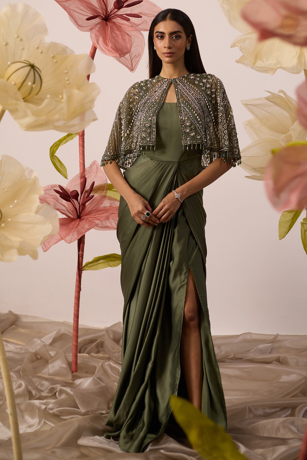 Olive Green Modal Satin Gown With Cape by ROQA at Pernia's Pop Up Shop 2026