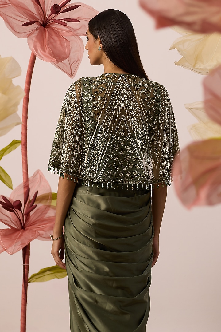 Olive Green Modal Satin Engagement Gown With Cape by ROQA | Siddharth Khurana & Kartik Khurana at Pernia's Pop Up Shop