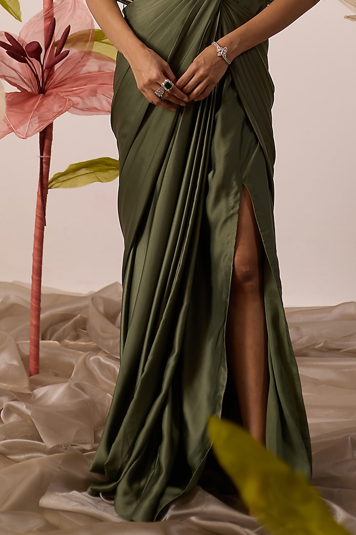 Olive Green Modal Satin Engagement Gown With Cape by ROQA | Siddharth Khurana & Kartik Khurana at Pernia's Pop Up Shop