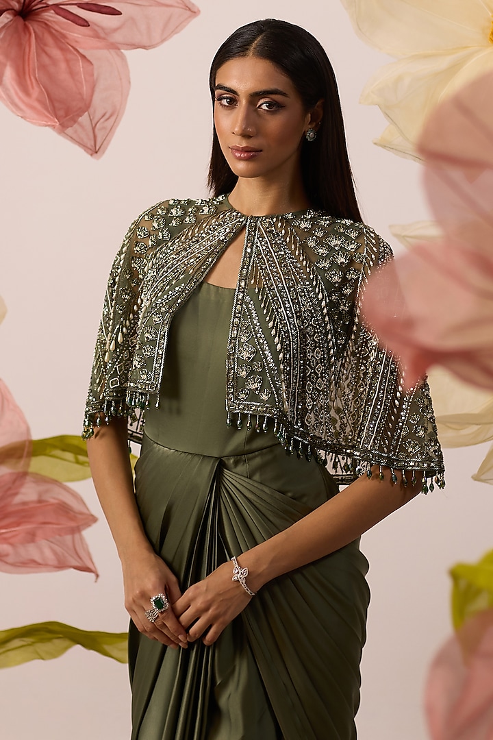 Olive Green Modal Satin Engagement Gown With Cape by ROQA | Siddharth Khurana & Kartik Khurana at Pernia's Pop Up Shop