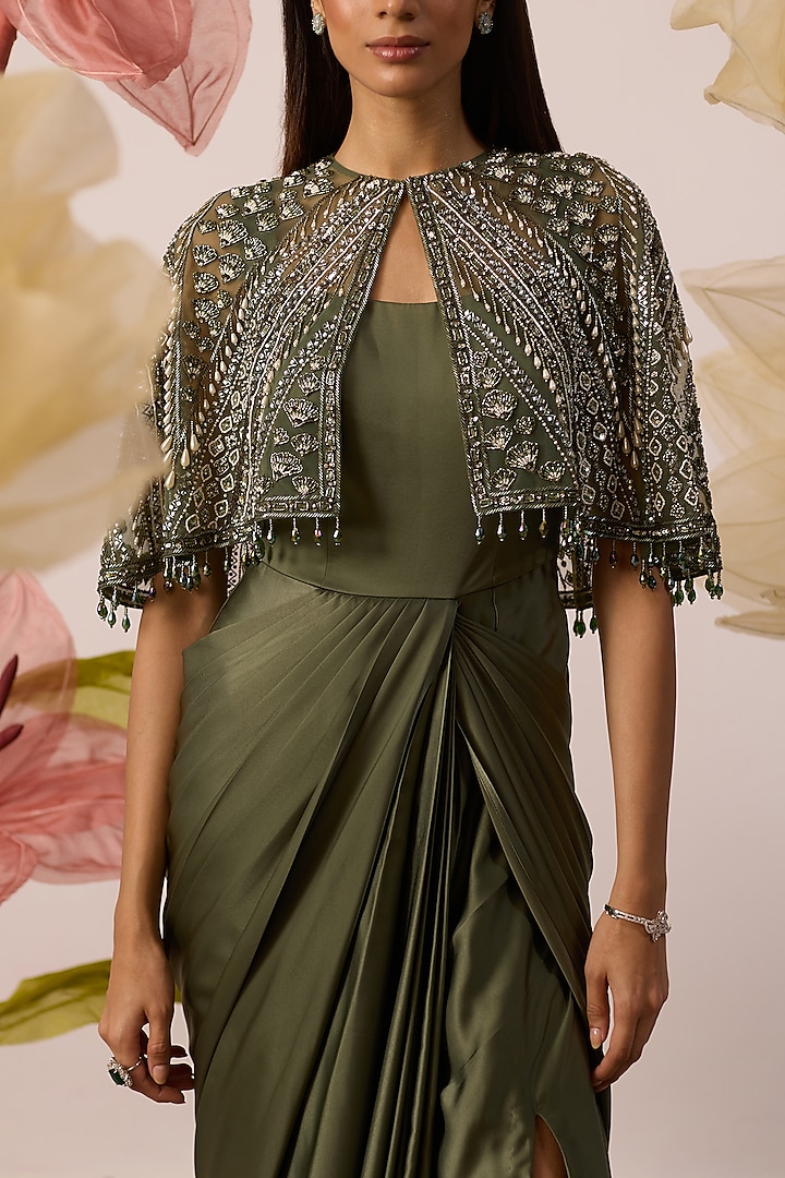 Olive Green Modal Satin Engagement Gown With Cape by ROQA | Siddharth Khurana & Kartik Khurana at Pernia's Pop Up Shop