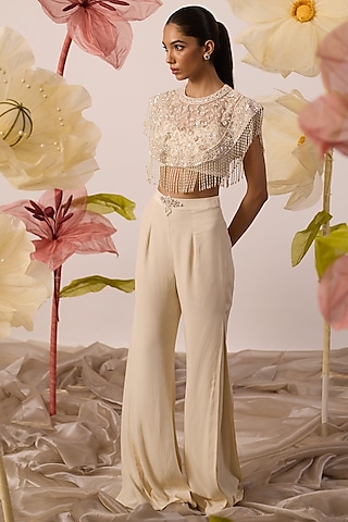 Ivory Georgette Pleated Pant Set by ROQA | Siddharth Khurana & Kartik Khurana