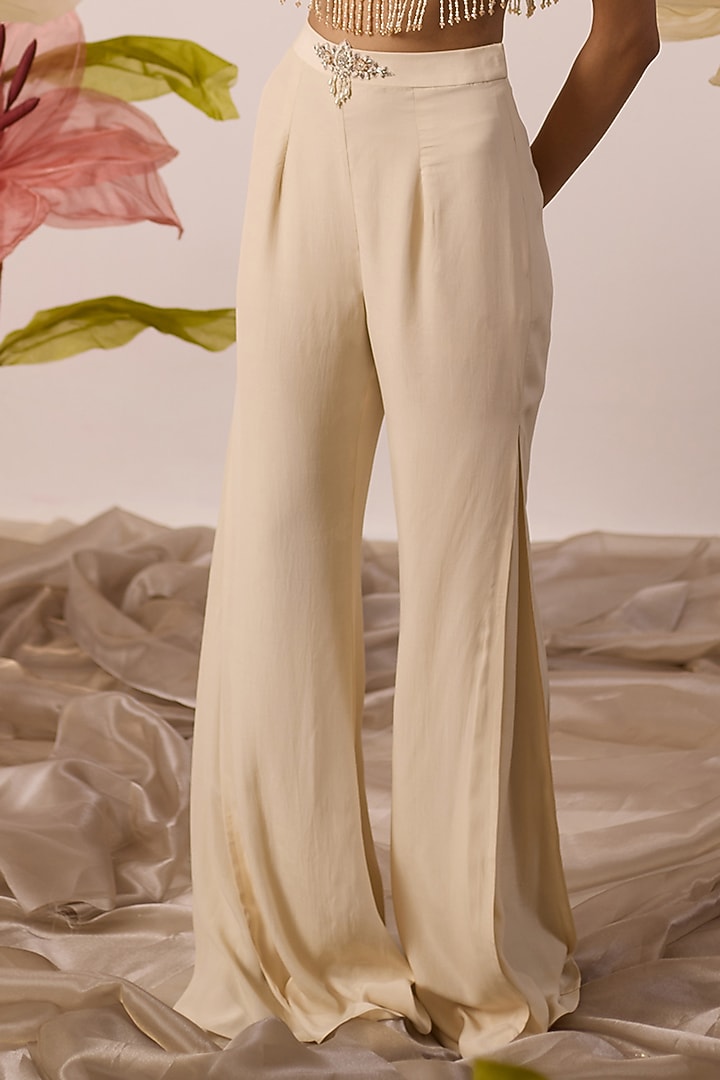 Ivory Georgette Pleated Pant Set by ROQA | Siddharth Khurana & Kartik Khurana at Pernia's Pop Up Shop