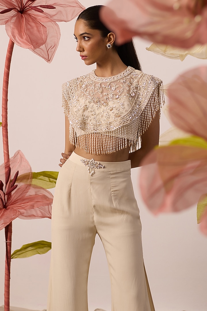 Ivory Georgette Pleated Pant Set by ROQA | Siddharth Khurana & Kartik Khurana at Pernia's Pop Up Shop