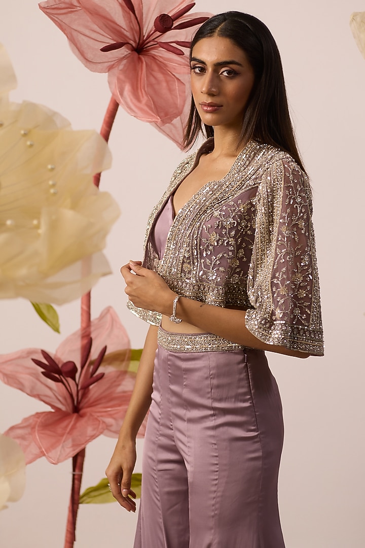 Lilac Modal Satin Pant Set by ROQA | Siddharth Khurana & Kartik Khurana at Pernia's Pop Up Shop