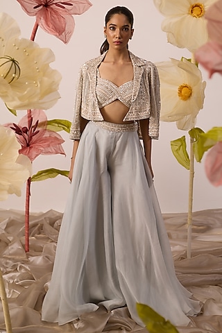 Sky Blue Organza Flared Pant Set by ROQA | Siddharth Khurana & Kartik Khurana