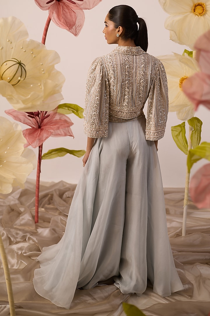 Sky Blue Organza Flared Pant Set by ROQA | Siddharth Khurana & Kartik Khurana at Pernia's Pop Up Shop