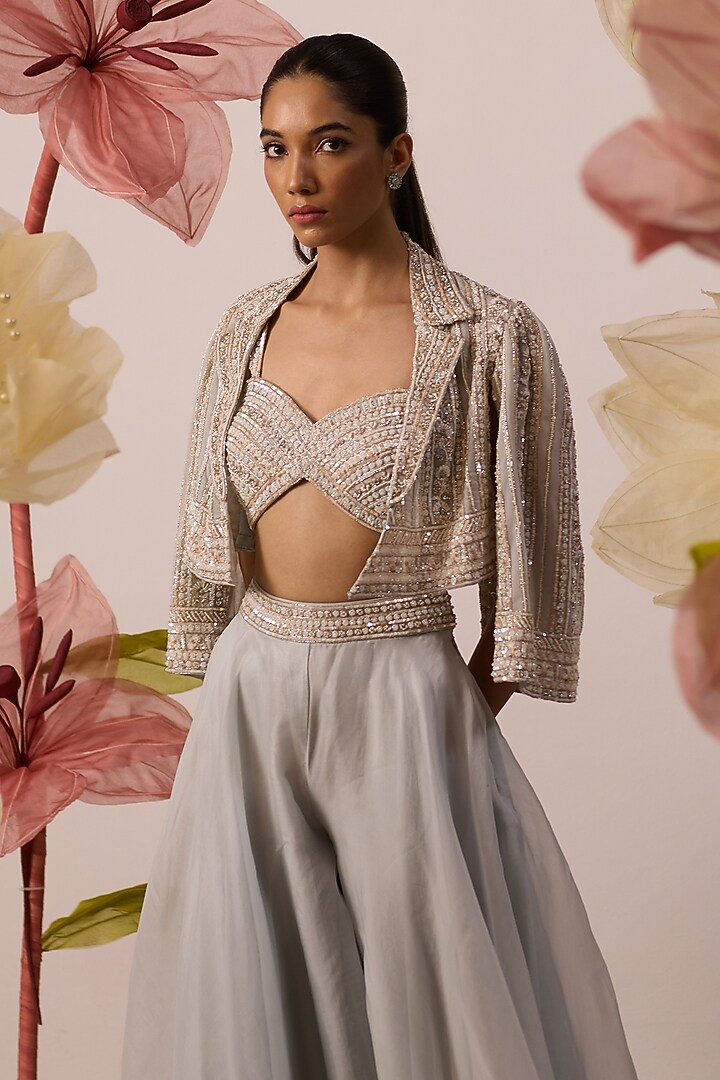 Sky Blue Organza Flared Pant Set by ROQA | Siddharth Khurana & Kartik Khurana at Pernia's Pop Up Shop