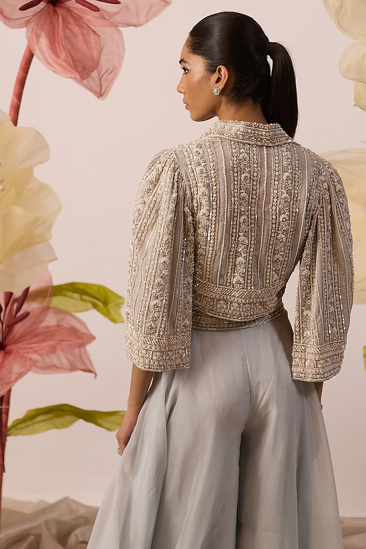 Sky Blue Organza Flared Pant Set by ROQA | Siddharth Khurana & Kartik Khurana at Pernia's Pop Up Shop