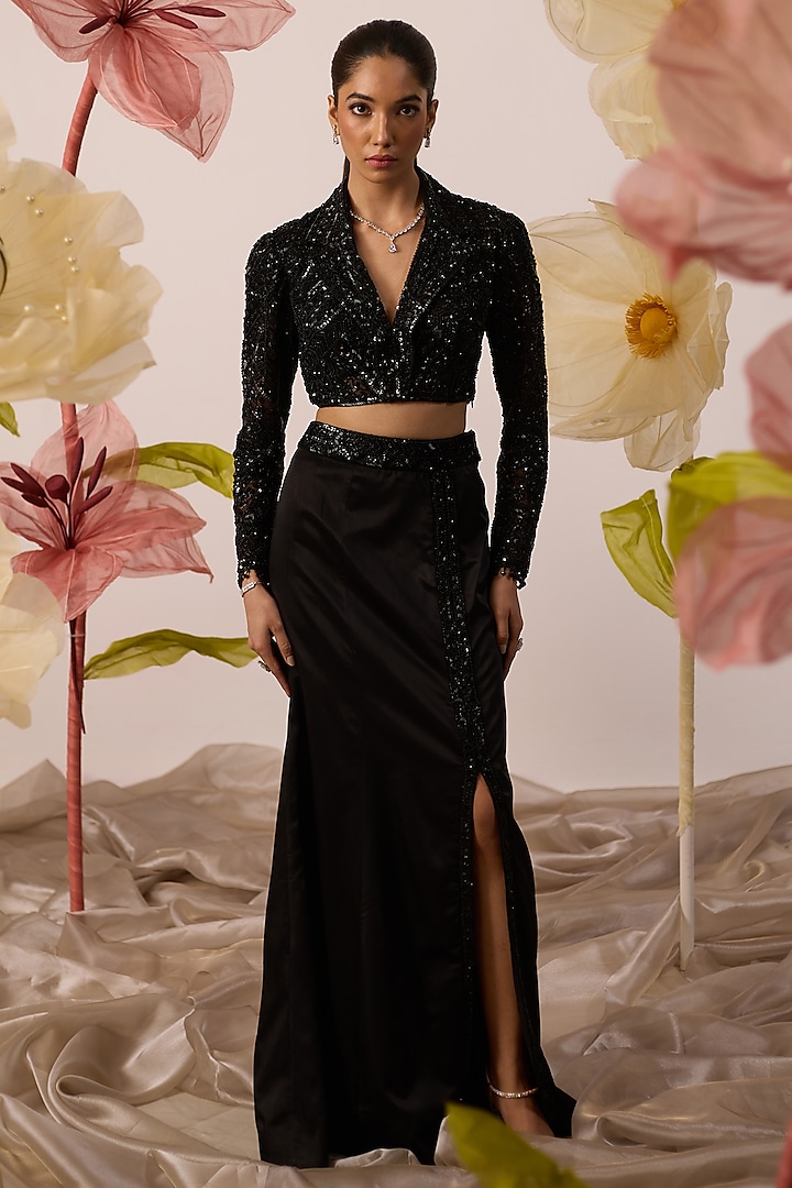 Black Modal Satin Straight Skirt Set by ROQA at Pernia's Pop Up Shop