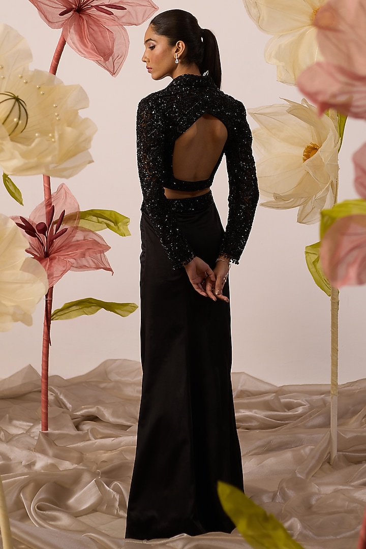 Black Modal Satin Straight Skirt Set by ROQA | Siddharth Khurana & Kartik Khurana at Pernia's Pop Up Shop