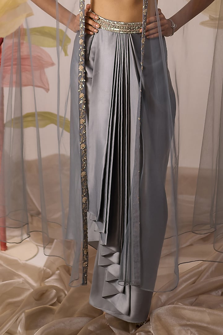 Dusty Blue Net Hand Embroidered Cape Set by ROQA | Siddharth Khurana & Kartik Khurana at Pernia's Pop Up Shop
