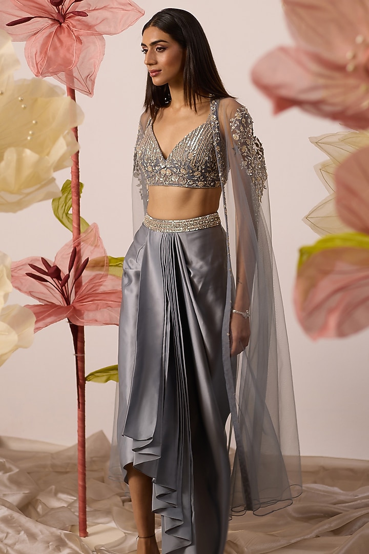 Dusty Blue Net Hand Embroidered Cape Set by ROQA | Siddharth Khurana & Kartik Khurana at Pernia's Pop Up Shop