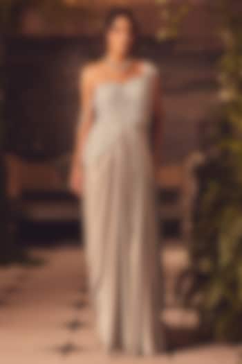 Beige Modal Satin Sequin & Crystal Hand Embroidered Draped Wedding Gown Saree by ROQA | Siddharth Khurana & Kartik Khurana at Pernia's Pop Up Shop