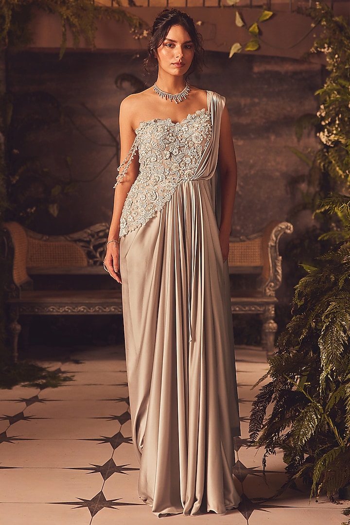 Beige Modal Satin Sequin & Crystal Hand Embroidered Draped Wedding Gown Saree by ROQA | Siddharth Khurana & Kartik Khurana at Pernia's Pop Up Shop