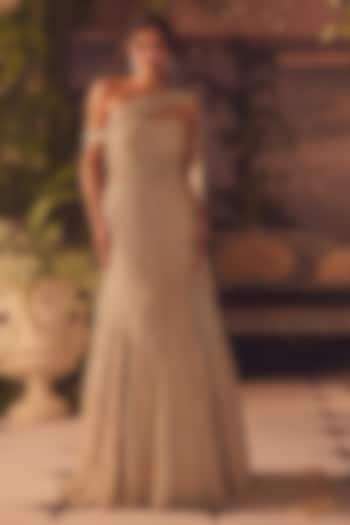 Gold Net Pearl Hand Embroidered One-Shoulder Draped Mermaid Bridal Gown by ROQA | Siddharth Khurana & Kartik Khurana at Pernia's Pop Up Shop