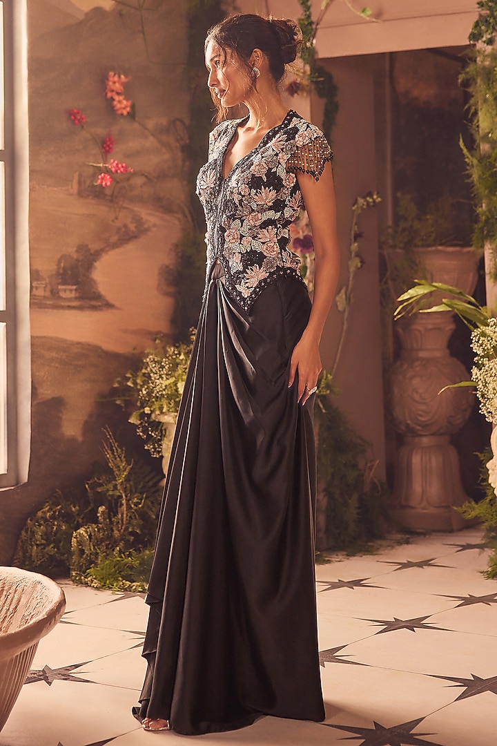 Black Modal Satin Draped Skirt Set by ROQA | Siddharth Khurana & Kartik Khurana at Pernia's Pop Up Shop