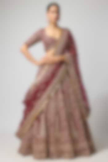 Maroon Raw Silk Embroidered Bridal Lehenga Set by ROQA | Siddharth Khurana & Kartik Khurana at Pernia's Pop Up Shop