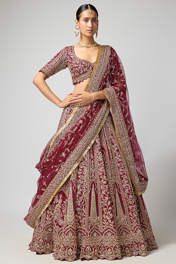 Maroon Raw Silk Embroidered Bridal Lehenga Set by ROQA | Siddharth Khurana & Kartik Khurana at Pernia's Pop Up Shop